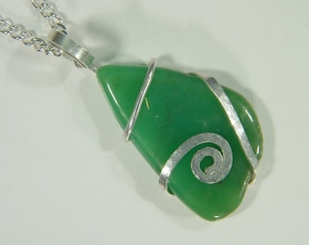 Sterling Silver Wire Wrapped Natural Green Chrysophrase Necklace Pendant with Free SP Chain 3697D