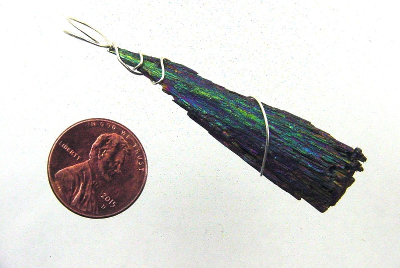 Natural Sterling Silver Wire Wrapped Unpolished Titanium Black Kyanite Pendant with chain 9578P