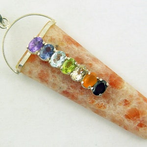Indian Sunstone Crystal Point Sterling Silver Pendant 7 Chakra Gem 0616R