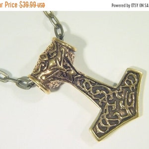 Real Solid Bronze Thor&#39;s Hammer Mjollnir Norse Viking Odin Pendant w/ 20&quot; Patina Chain 9103D
