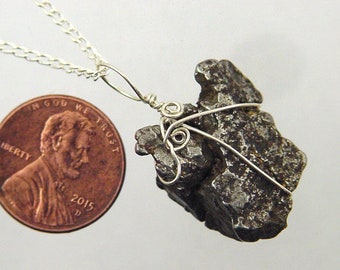 Sterling Wire Wrapped Argentine Campo Del Cielo Meteorite Pendant Necklace with SP Chain 9855P