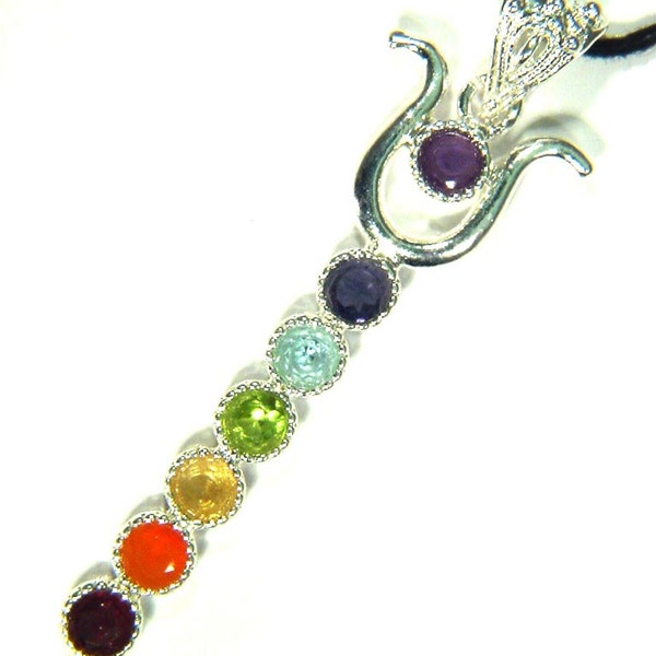 Silver Horns of Isis Amulet with Chakra Gemstone Accents Pendant Necklace 3356D