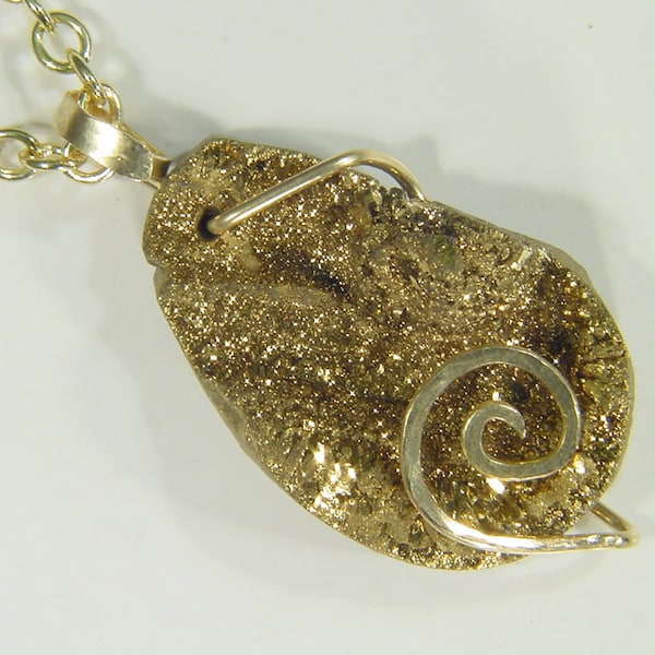 Hand Forged 14k Gold Fill Wire Wrap Golden Fume Aura Quartz Crystal Druzy Drusy Pendant with Free GP Chain 4025D