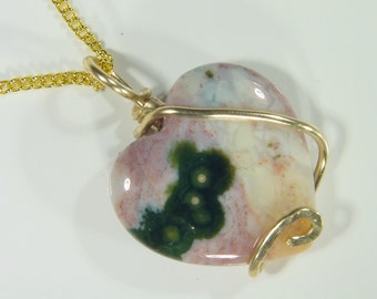 Hammered 14k Gold Fill Wire Wrapped Madagascar Ocean Jasper Heart Pendant 4956D