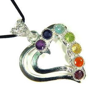 Silver Heart 7 Chakra Amulet Facet Gemstone Accents Pendant Necklace 3341D