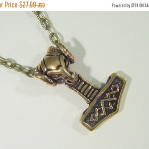 Real Solid Bronze Thor&#39;s Hammer Mjollnir Norse Viking Odin Pendant Necklace w/ 20&quot; Patina Chain   9085D