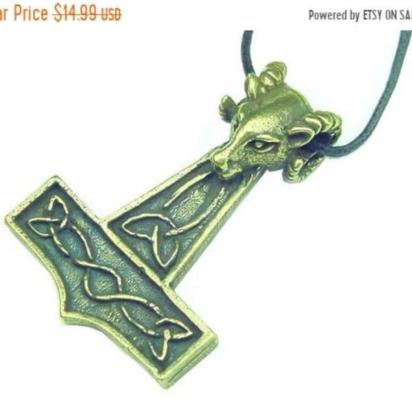 Thor's Hammer Rams Head Necklace Pewter with Bronze Patina Pendant Viking Norse Mjollnir Pagan Wicca 1160A