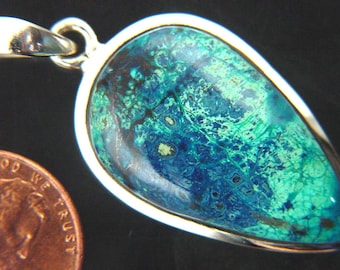 Natural Shattuckite Chrysacolla Cabochon Sterling Silver Bezel Pendant Necklace SP Chain 6475P