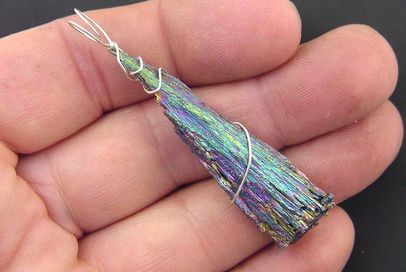 Natural Sterling Silver Wire Wrapped Unpolished Titanium Black Kyanite Pendant with chain 9578P