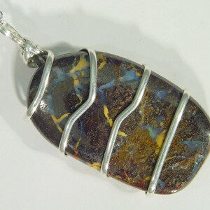 Sterling Silver Wire Wrapped Natural Australian Boulder Opal Free Form Polished Pendant 2554D