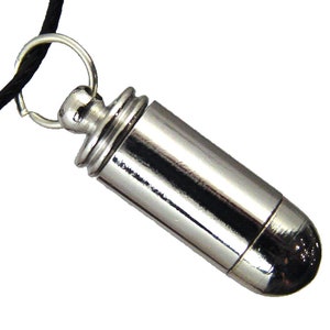 Stainless Steel Bullet Cartridge Pill Box Pendant w/ 20 - 22&quot; Cord Necklace 7150P