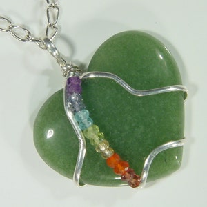Sterling Silver Wire Wrapped Jade Heart Carving with 7 Genuine Chakra Gemstones  4974D