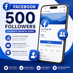 Puede incluir: Gráfico promocional para el crecimiento de la audiencia en Facebook. La imagen presenta el logotipo de Facebook, el texto "500 FOLLOWERS" y un teléfono inteligente que muestra una página de Facebook con 500 seguidores. El texto destaca los beneficios.