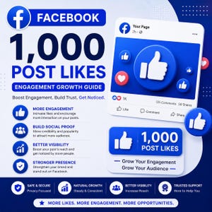 Può includere: Grafica promozionale per i like ai post di Facebook. L'immagine include il logo di Facebook, il testo "1.000 Mi piace ai post" e icone che rappresentano l'engagement, la visibilità e la crescita del pubblico. Il testo recita: "Più Mi piace. Più Engagement. Più Opportunità."