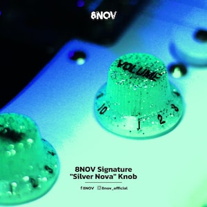 Puede incluir: Un mando de volumen translúcido con purpurina y marcas numéricas negras del 1 al 10. El mando lleva la palabra VOLUME en la parte superior. El producto se identifica como 8NOV Signature Silver Nova Knob, incluyendo el logotipo de 8NOV.