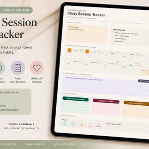 Könnte beinhalten: Ein digitaler Study Session Tracker auf einem Tablet, konzipiert für Studenten mit ADHS. Der Tracker enthält Abschnitte für Planung, Fortschrittsverfolgung und Reflexion. Der Text auf dem Bildschirm lautet "Study Session Tracker".