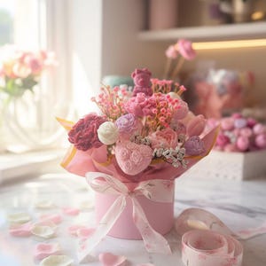 Könnte beinhalten: Eine rosa runde Geschenkbox, gebunden mit einem Band, gefüllt mit einem Strauß rosa und weißer Blumen. Verstreute Blütenblätter und eine Bandrolle liegen auf der Marmoroberfläche. Der Strauß enthält Rosen, Tulpen und herzförmige Dekorationen.