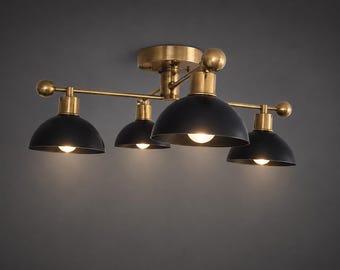 Lámpara de araña de latón, plafón semiempotrado de 4 luces, pantallas de cúpula negras, luminaria de techo moderna de latón, luz para isla de cocina