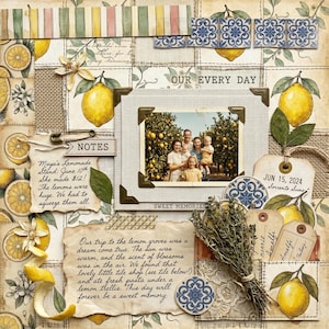 Vintage Lemon Junk Journal Pages, Mediterranean Tile Scrapbook Paper, Blue Yellow Citrus Ephemera Pack, Watercolor Terracotta Digital Kit