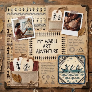 Könnte beinhalten: Eine Scrapbook-Seite mit dem Titel My Warli Art Adventure, die traditionelle schwarze Strichmännchen, geometrische Muster und zwei Fotos zeigt, die die Entstehung von Warli-Kunst darstellen. Enthält Jute-Taschen, Papieranhänger und Skizzen.