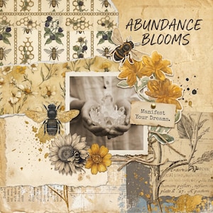 以下が含まれることがあります： ABUNDANCE BLOOMSおよびManifest Your Dreamsというテキストを含むコラージュ。ヴィンテージ風の紙、蜂、ハチの巣、ブラックベリー、黄色い花のイラストが、クリスタルを持つ手を写した中央の写真を囲んでいます。