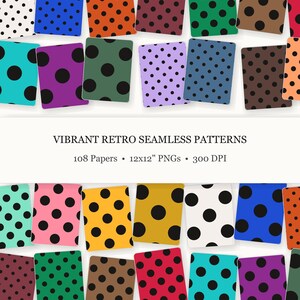 Vibrant Retro Background Digital Paper, Midnight Black Polka Dot Seamless Patterns, Vivid Aesthetic Scrapbook