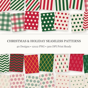 Peut inclure: Une collection de 40 motifs numériques sans couture sur le thème de Noël et des fêtes. Les designs incluent des rayures rouges et vertes, des pois, des carreaux, des chevrons, des losanges et des icônes comme des sapins, des sucres d'orge et des étoiles.