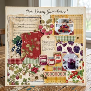Op de afbeelding: Een vierkante plakboekpagina getiteld Our Berry Jam-boree! met gelaagd papier, vintage bladmuziek, stofresten en botanische illustraties van bessen. Het bevat twee foto's van bessenmanden en potten jam met decoratieve etiketten.