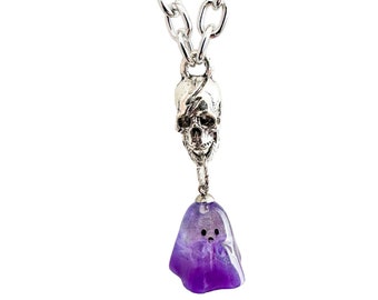 Medium Resin Ghost Boo Purple Rain with Skull Charm on a Chain Necklace