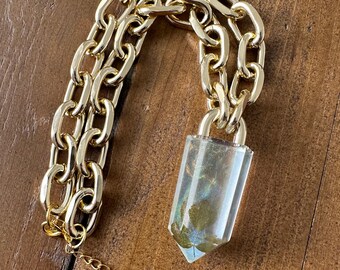 Resin Crystal Point Alpine Meadow Rue Iridescent Gold Necklace On A Chunky Chain