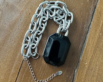 Resin Crystal Rectangle Gemstone Black Dark Abyss on a Chunky Chain