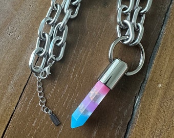 Resin Crystal Point Summer Pop Silver O Ring Necklace on Chunky Chain