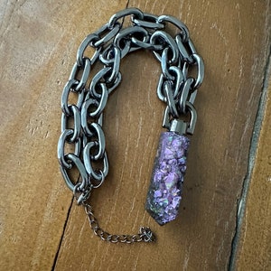 Resin Druzy Crystal Point Black and Purple Witches Talismen Silver Necklace On A Chunky Chain