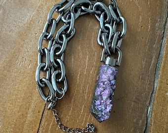 Resin Druzy Crystal Point Black and Purple Witches Talismen Silver Necklace On A Chunky Chain