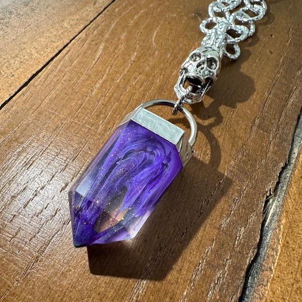 Resin Crystal Purple Rain Aurora Borealis with Skull Silver Chunky Round Necklace