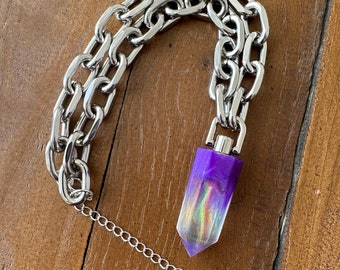Resin Crystal Point Spellbound Purple Rain Iridescent Silver Necklace On A Chunky Chain