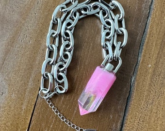 Resin Crystal Point Spellbound Blushing Rose Iridescent Silver Necklace On A Chunky Chain