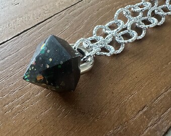 Resin Crystal Diamond Pendulum Mystic Darkness Silver Necklace On A Round Chunky Chain