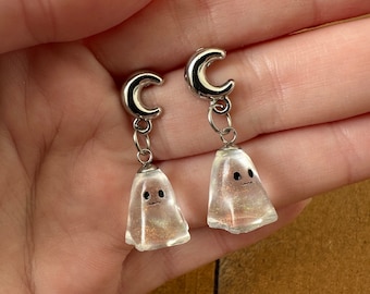 Clear Iridescent Small Ghost Boo Resin Crescent Moon Stud Earrings