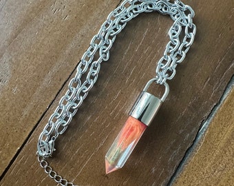 Resin Crystal Point Iridescent Flame Silver Necklace on a Chunky Chain