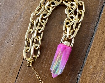 Resin Crystal Point Spellbound Magenta Daze Iridescent Gold Necklace On A Chunky Chain