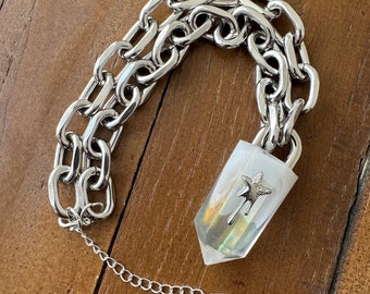 Resin Crystal Point Poe Wisp Silver Melting Star Necklace On A Chunky Chain