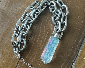 Resin Druzy Crystal Point Mystic Iridescent Witches Talismen Silver Necklace On A Chunky Chain