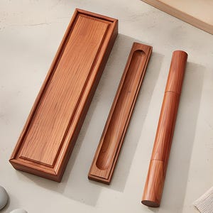 Puede incluir: Una caja rectangular de madera con tapa, una bandeja larga y estrecha de madera con un centro cóncavo y un estuche cilíndrico de madera. Los artículos tienen un acabado de veta de madera marrón cálida sobre una superficie clara con piedras.