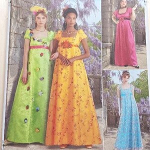 May include: A Simplicity sewing pattern envelope S9434 featuring The Theater Modeste collection. The cover displays four floor-length dresses with square necklines and short sleeves in lime green, yellow, pink, and blue, decorated with floral accents.