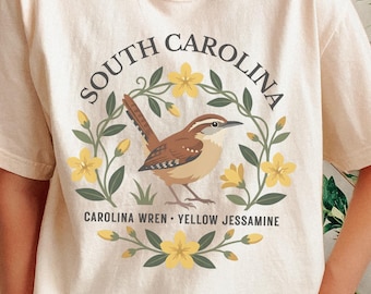 South Carolina Wren & Yellow Jessamine T-Shirt | State Bird and Flower Tee | Gift for Birdwatchers, Nature Lovers and Locals