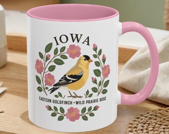 Iowa State Bird and Flower Mug | Eastern Goldfinch with Wild Prairie Rose Coffee Cup