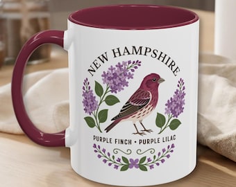 New Hampshire State Bird and Flower Mug | Purple Finch with Lilacs Coffee Cup
