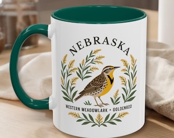 Nebraska State Bird and Flower Mug | Western Meadowlark with Goldenrod Botanical Coffee Cup