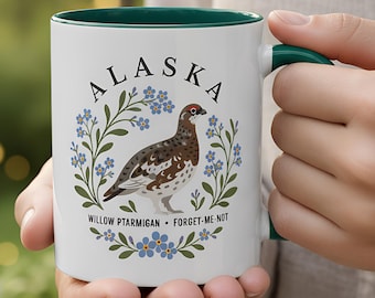 Alaska State Bird and Flower Mug | Willow Ptarmigan Forget-Me-Not Coffee Cup